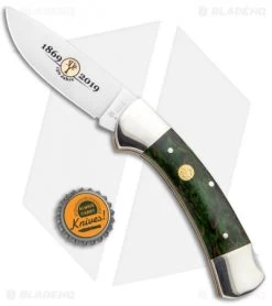 Boker 3000 150th Anniversary Lockback Knife Green Curly Birch (3.4" Satin) -Boker Shop Boker 3000 150th Anniversary LB Green Curly Birch Satin 116100 BHQ 94438 jr bottlecap