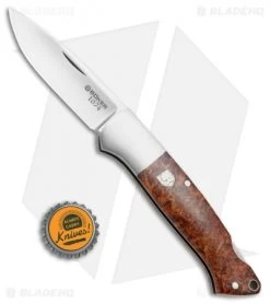 Boker Davis Classic Hunter 1674 Knife Amboina Root Wood (3.5" Satin) 110324 -Boker Shop Boker Davis Classic Hunter Amboina Root Wood 110324 BHQ 71009 jr bottlecap 2