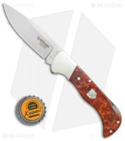 Boker Folding Hunter 1674 Lockback Knife Amboina Root Wood (3" Satin) 113135 -Boker Shop Boker Hunter ambonia Root Wood BHQ 77325 er bottlecap