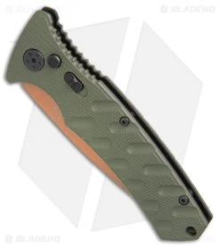 Boker Strike Desert Warrior Automatic Knife OD Green (3.25" D2 Copper) -Boker Shop Boker Strike drop point Desert Warrior OD Green copper BHQ 70998 er spine